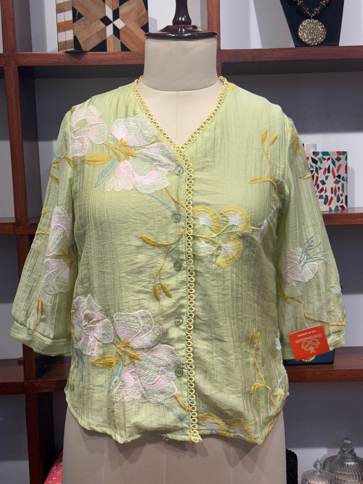 georgette  fabric embroidery top  colour green