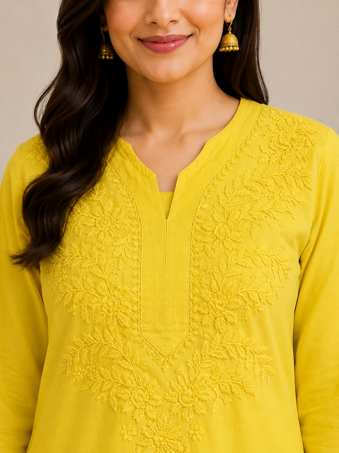 cotton short  kurti chikankari work Yellow