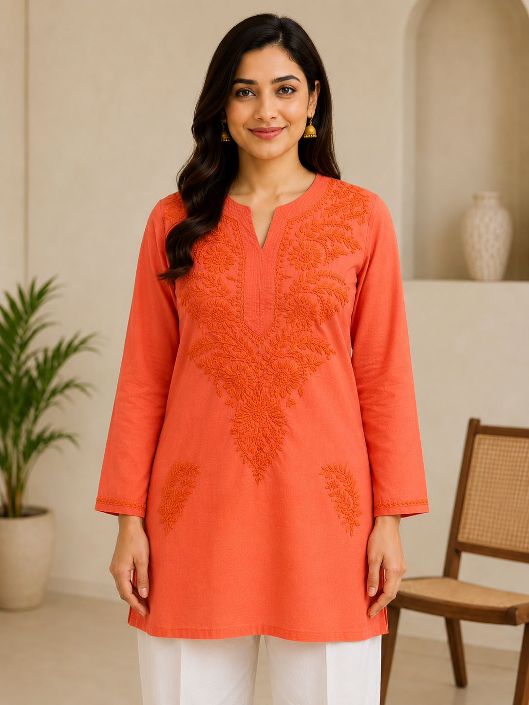 cotton short  kurti chikankari  work
