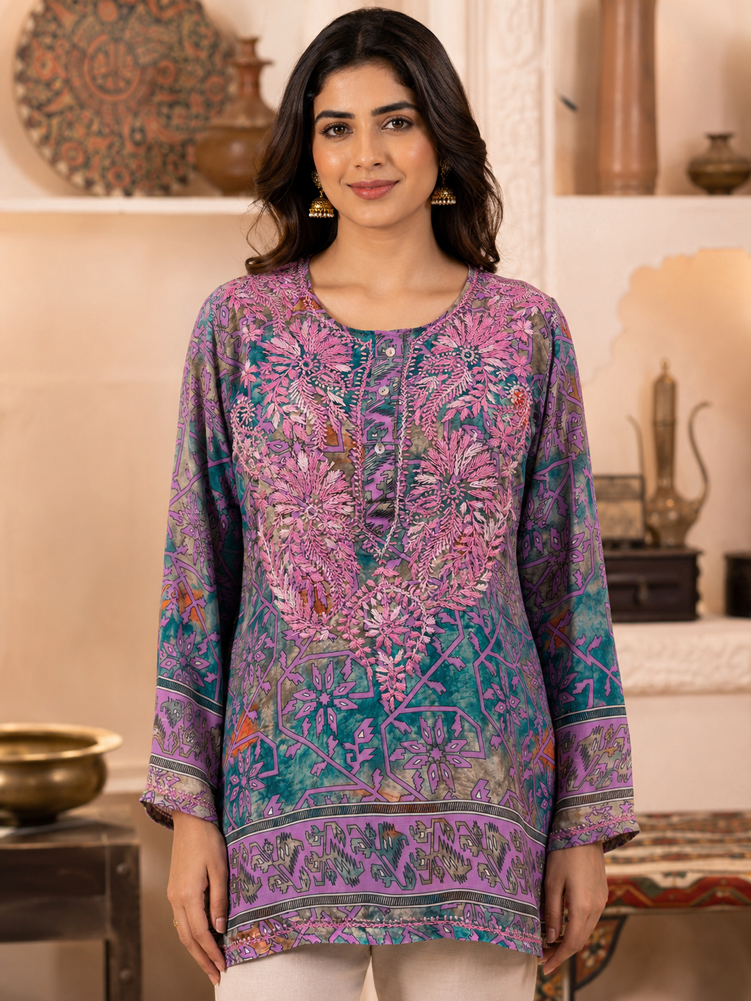 Blue & Pink Floral Crepe Short Kurti