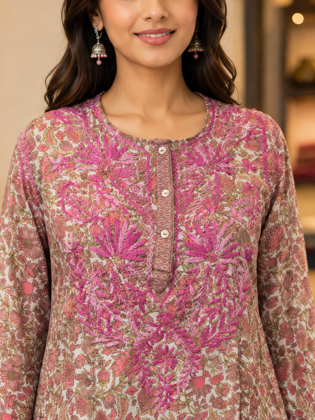 Pink Floral Crape Short Kurti