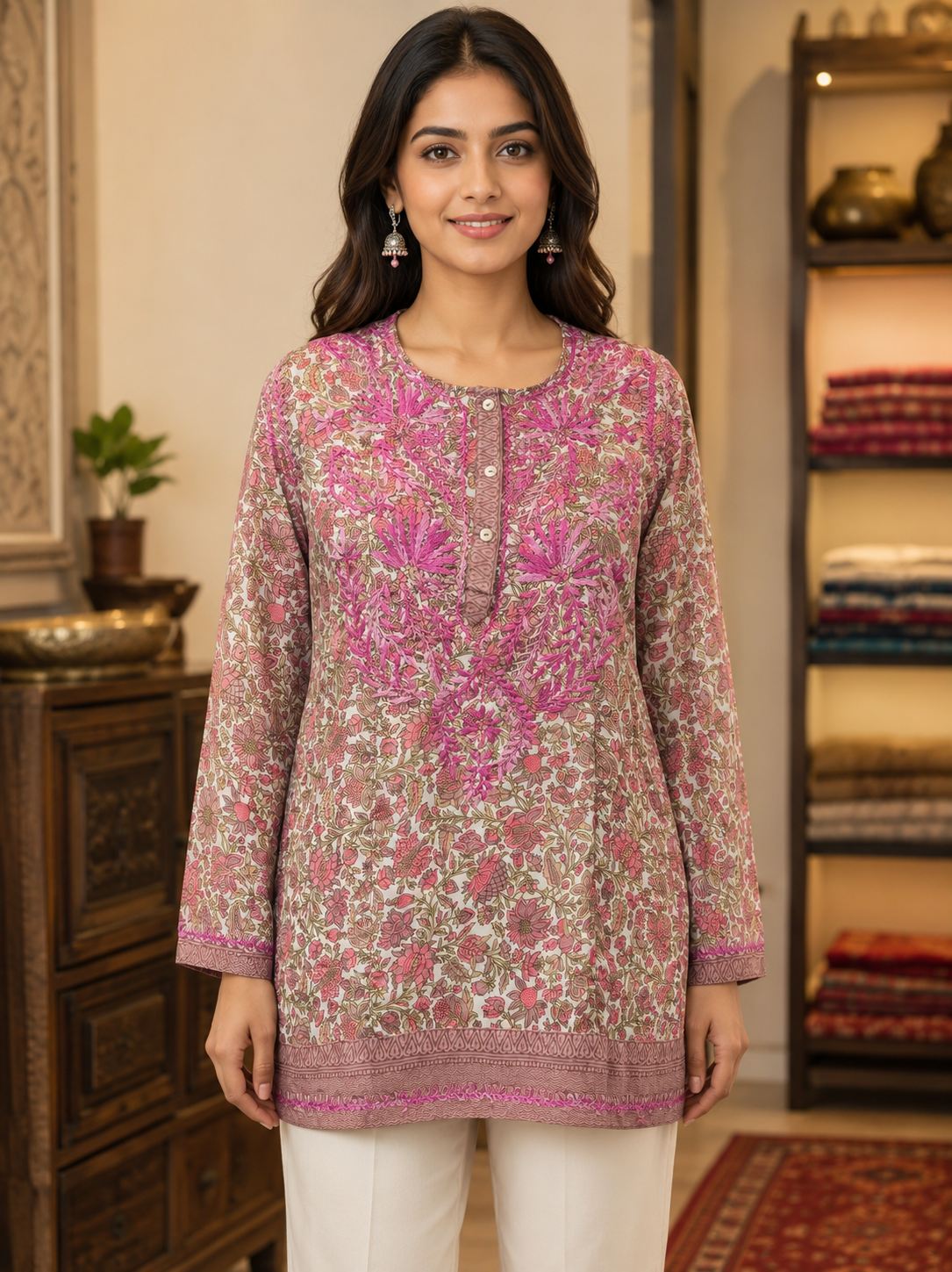 Pink Floral Crape Short Kurti