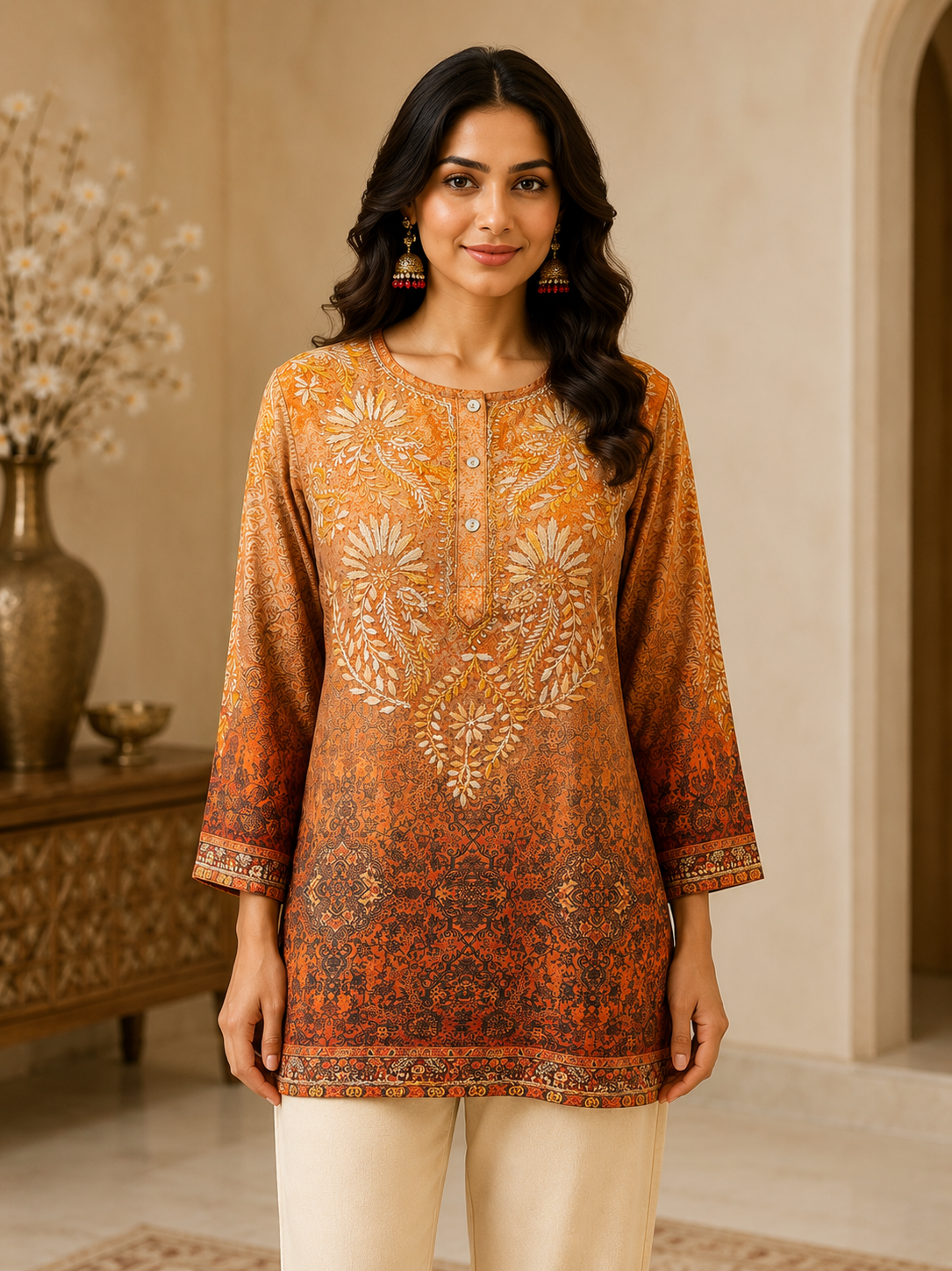 Gradient Brown Crape Short Kurti