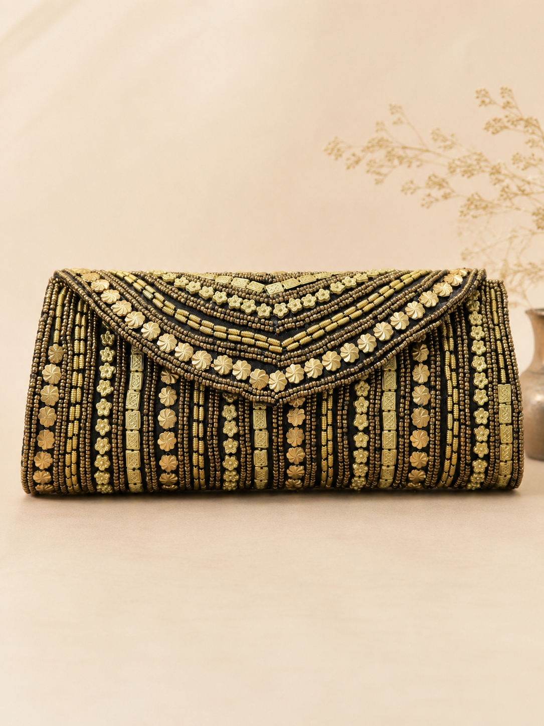 Embroidered Black Clutch
