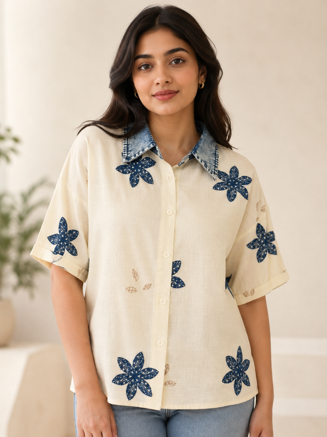 Off White With Blue Flower Printed Denim Shirt