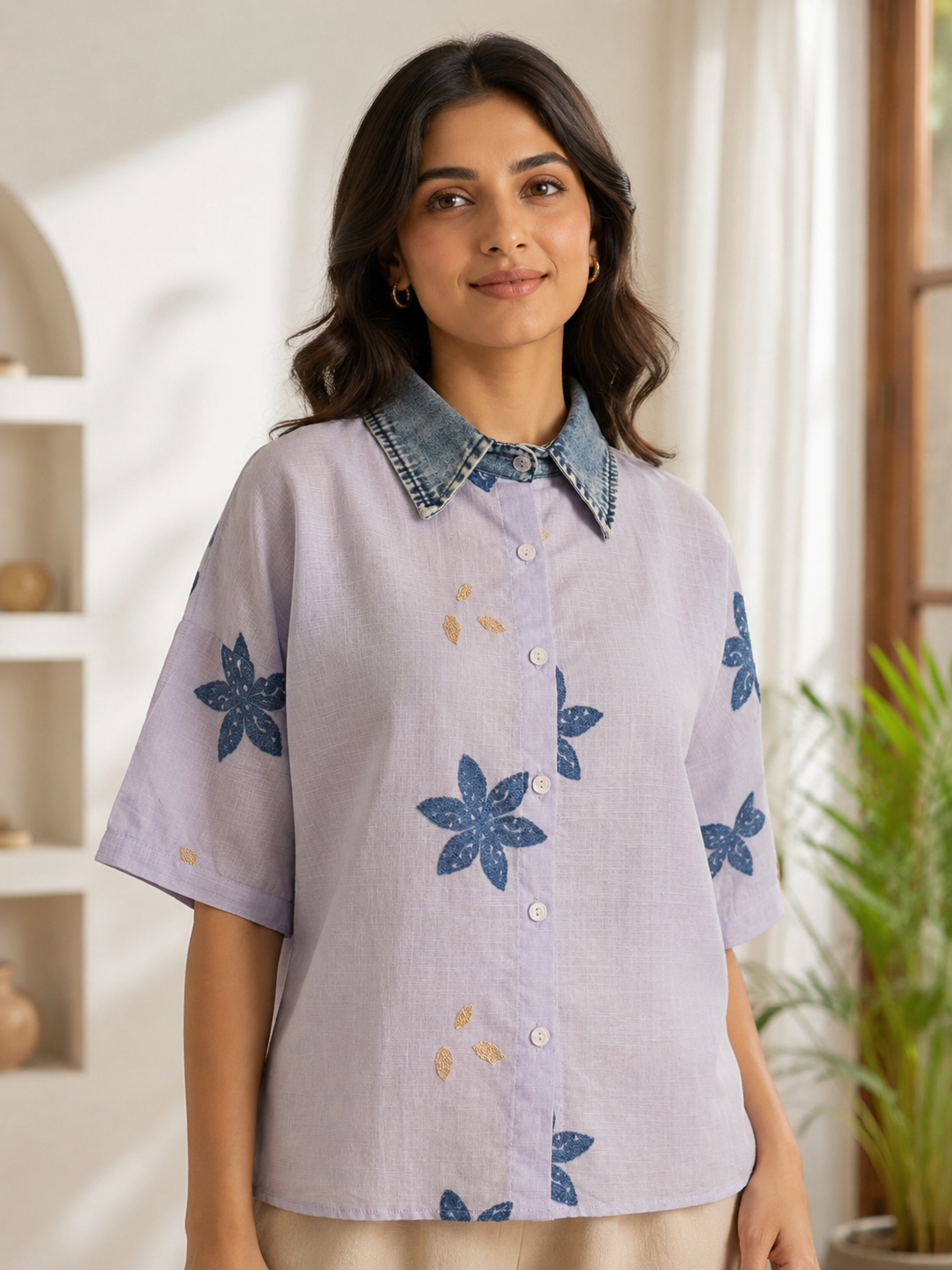 Off White With Blue Flower Printed Denim Shirt 2