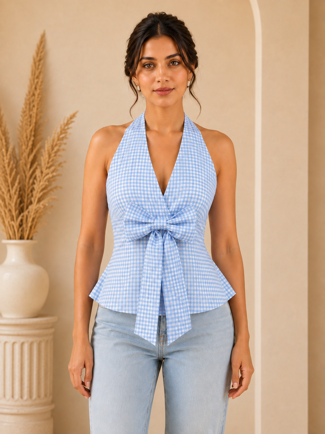 halter  neck crop top fabric cotton blue
