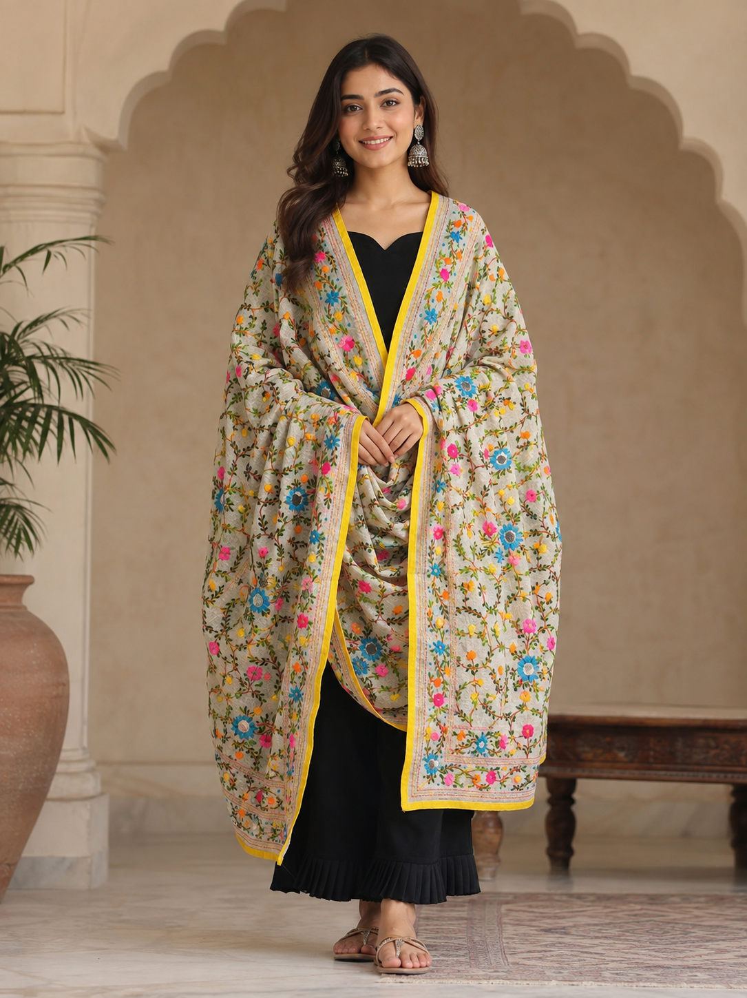 White Based Floral Embroidered Dupatta