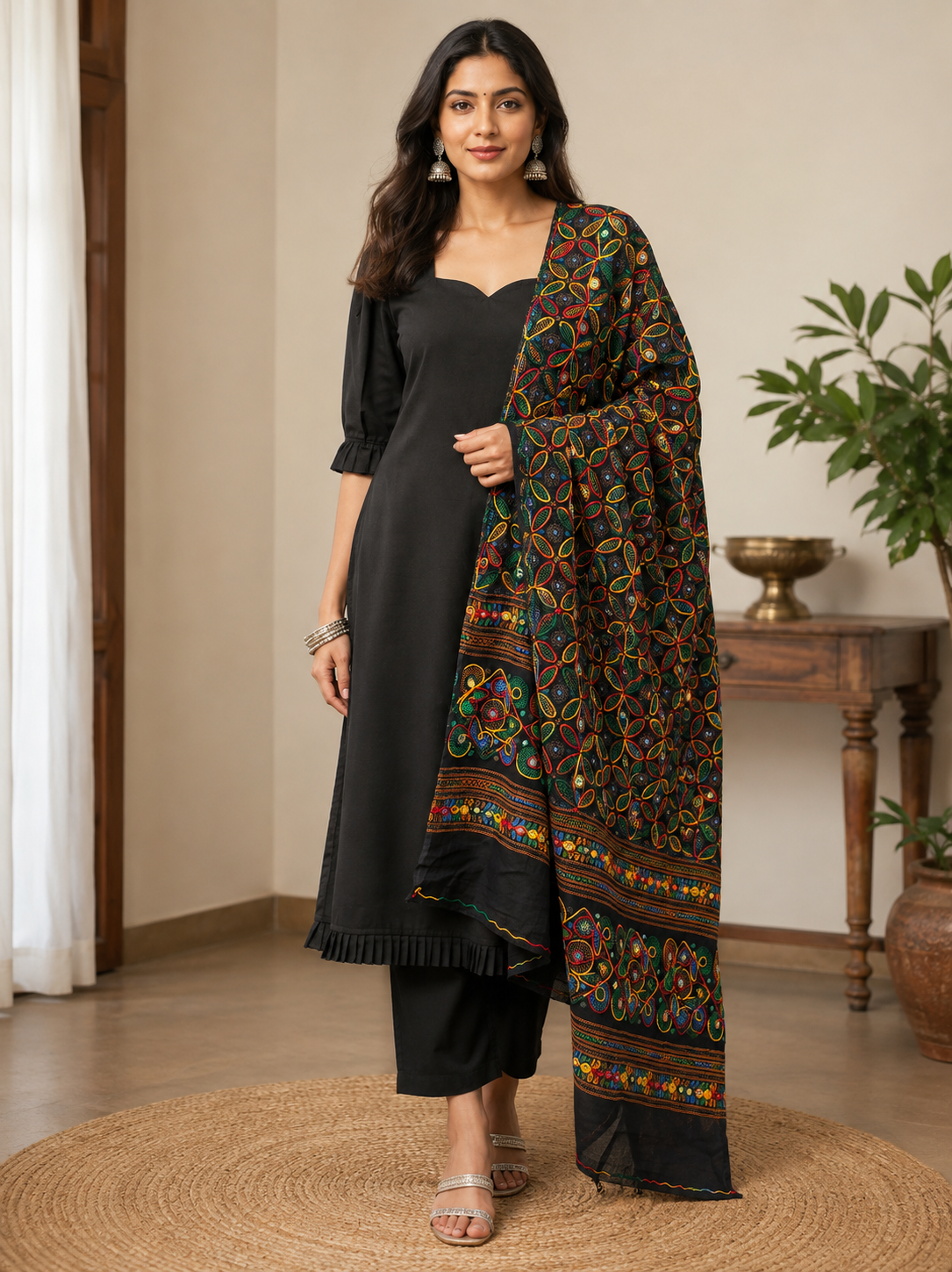 Black With Multi Colored Thread Embroidered Dupatta