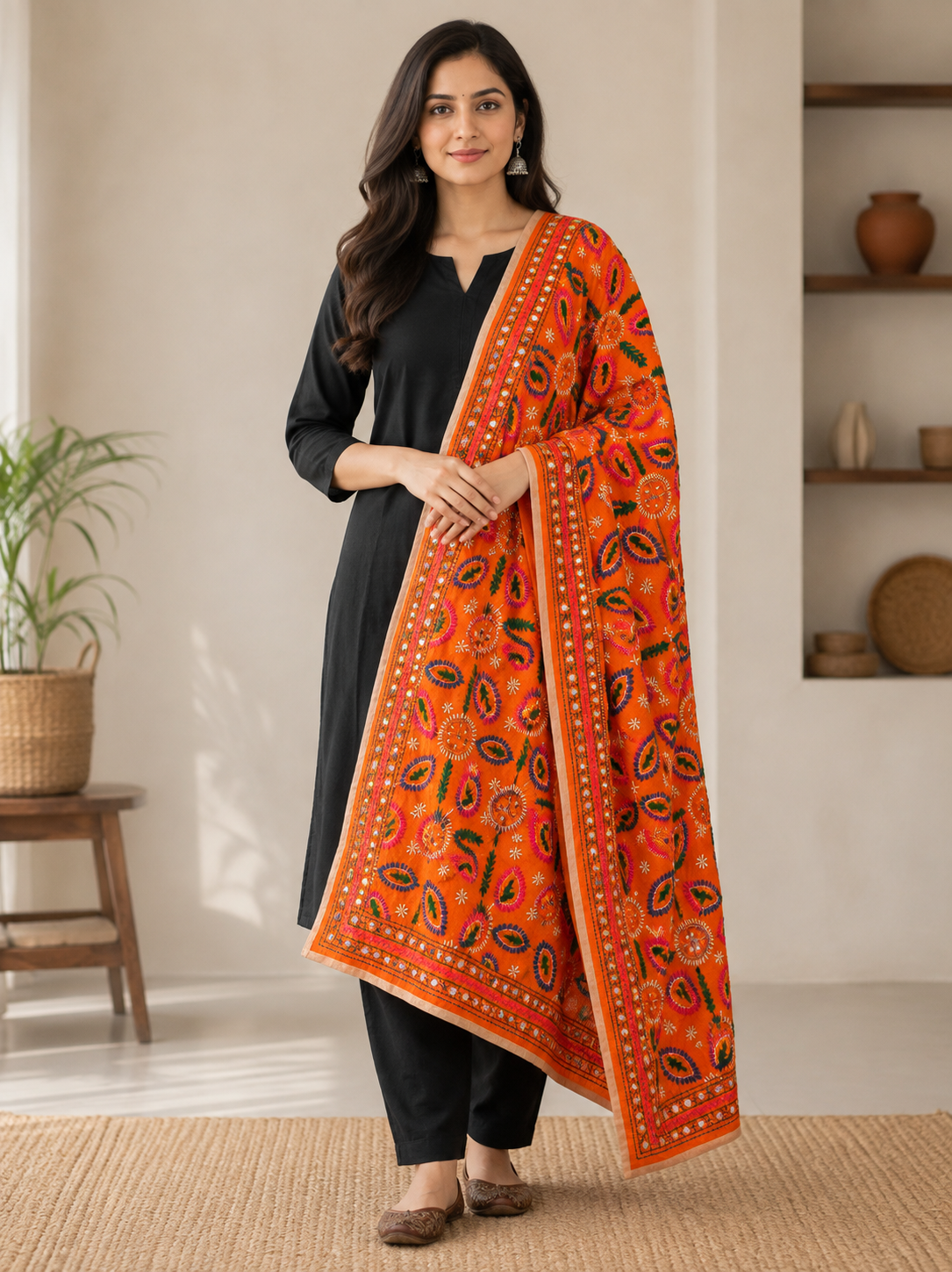 Premium Embroidered Orange Dupatta