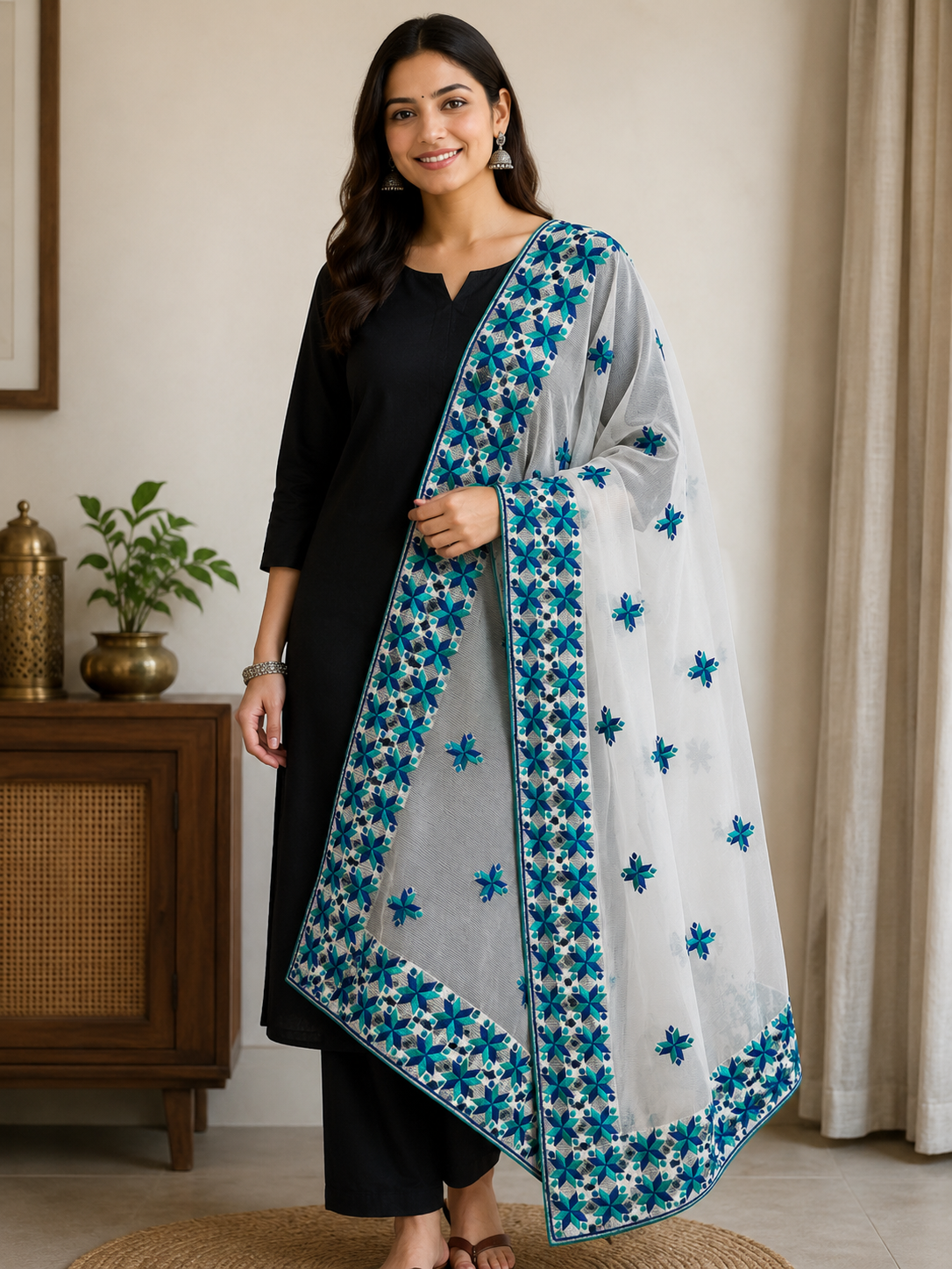 Abstract Embroidered Bordered Trending Blue Colored Dupatta