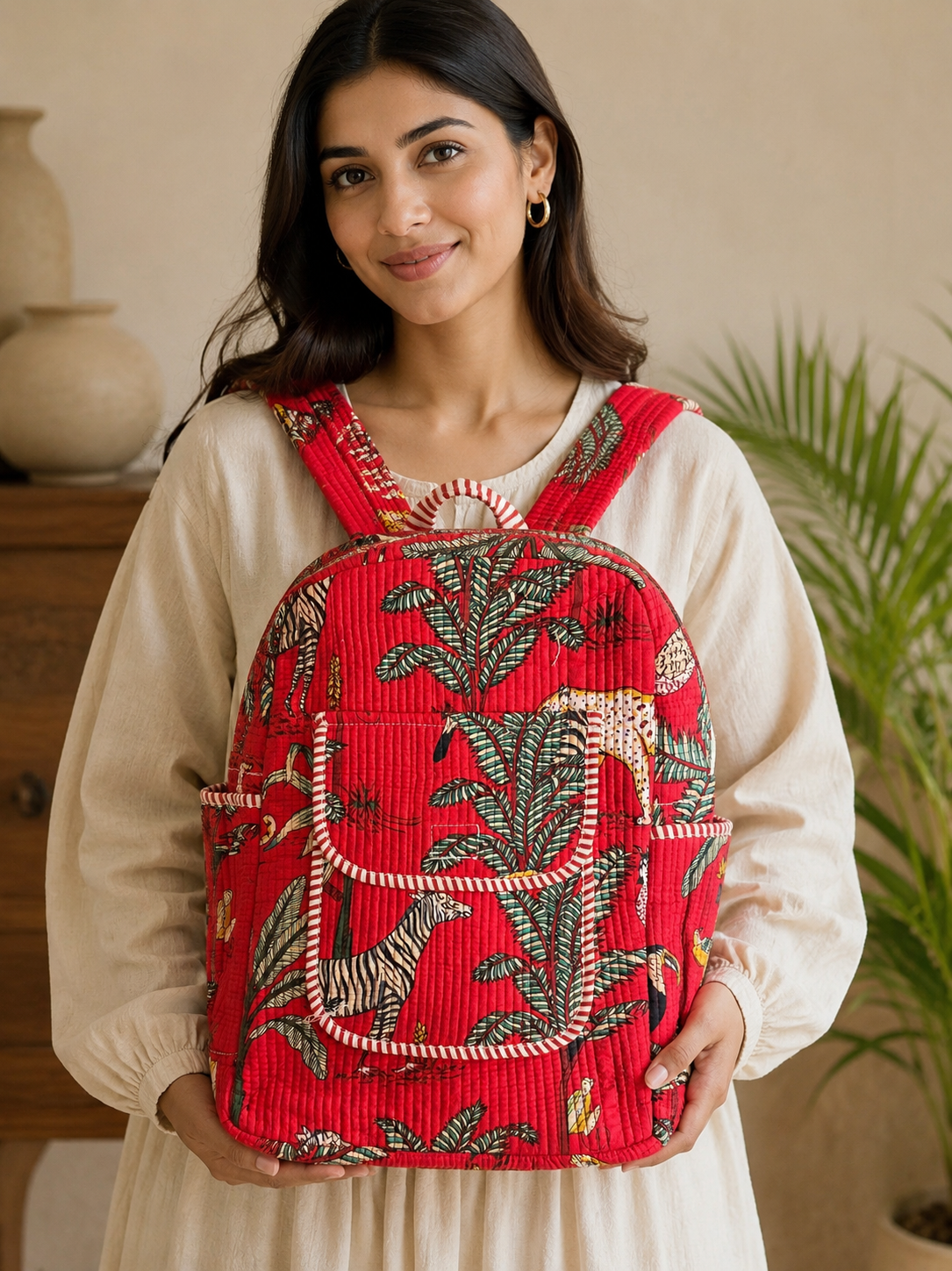 Quilted Red Colored Leaf Printed Bagpack
