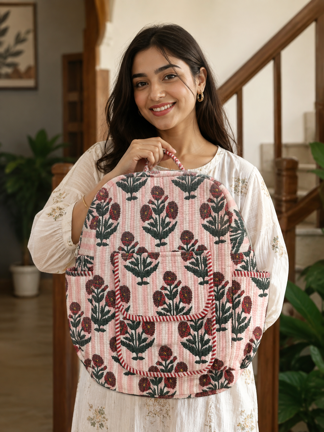 Quilted White Bag with Pink Line Striped Flower Printed Backpack