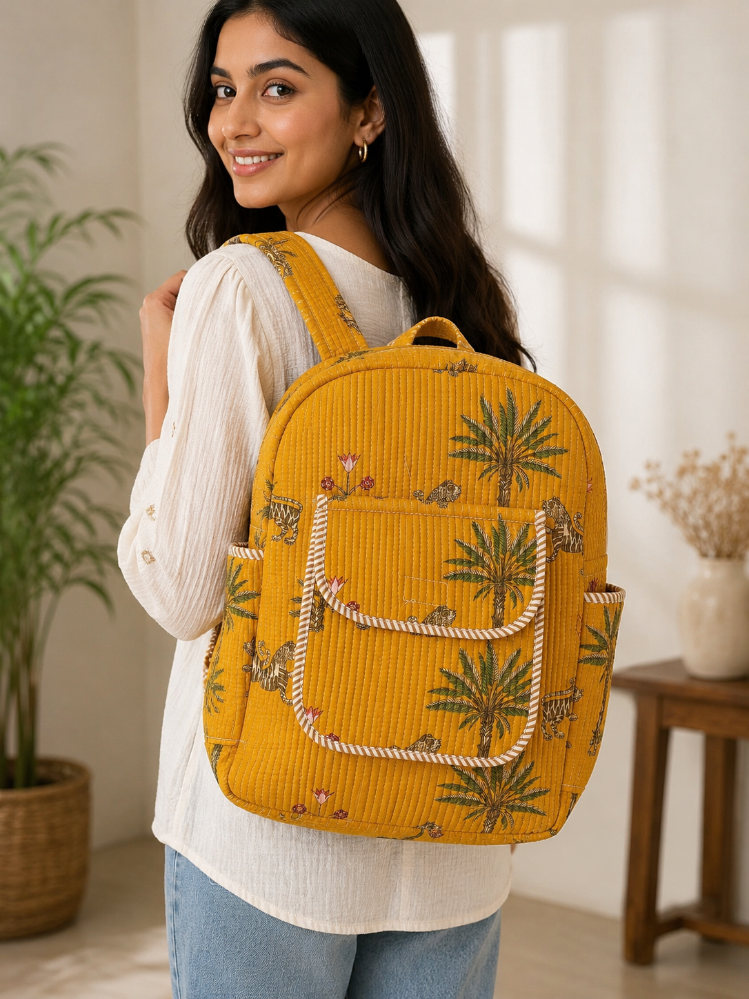 Quilted Yellow Flower Printed Backpack