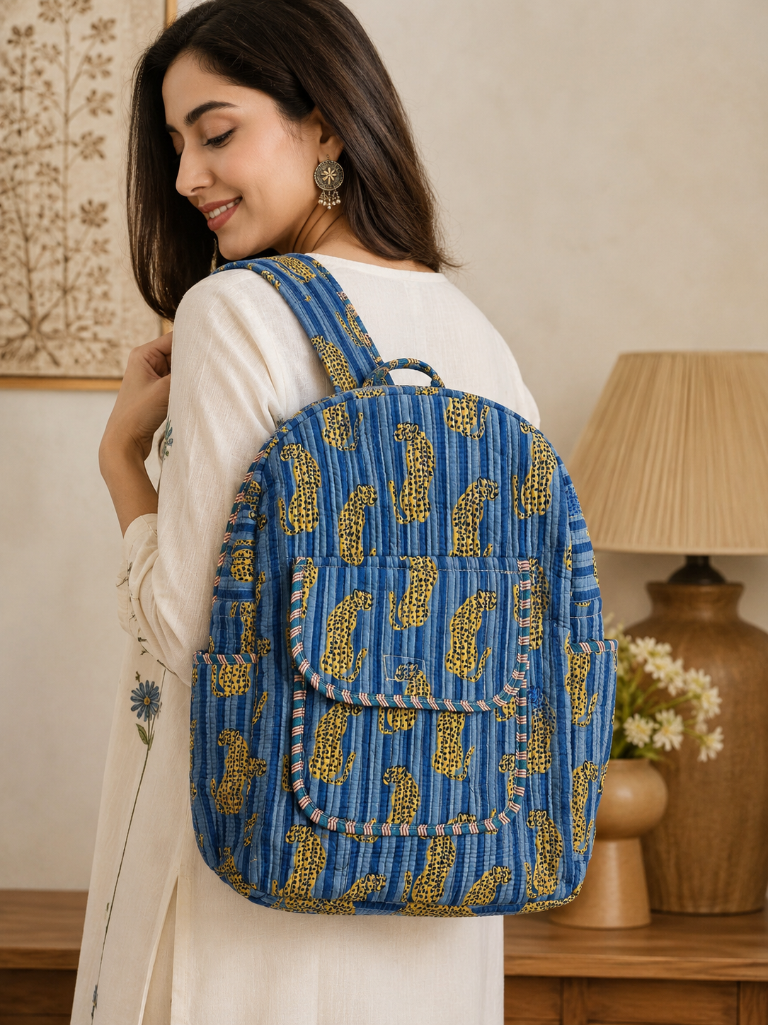 Quilted Blue Striped Printed Backpack