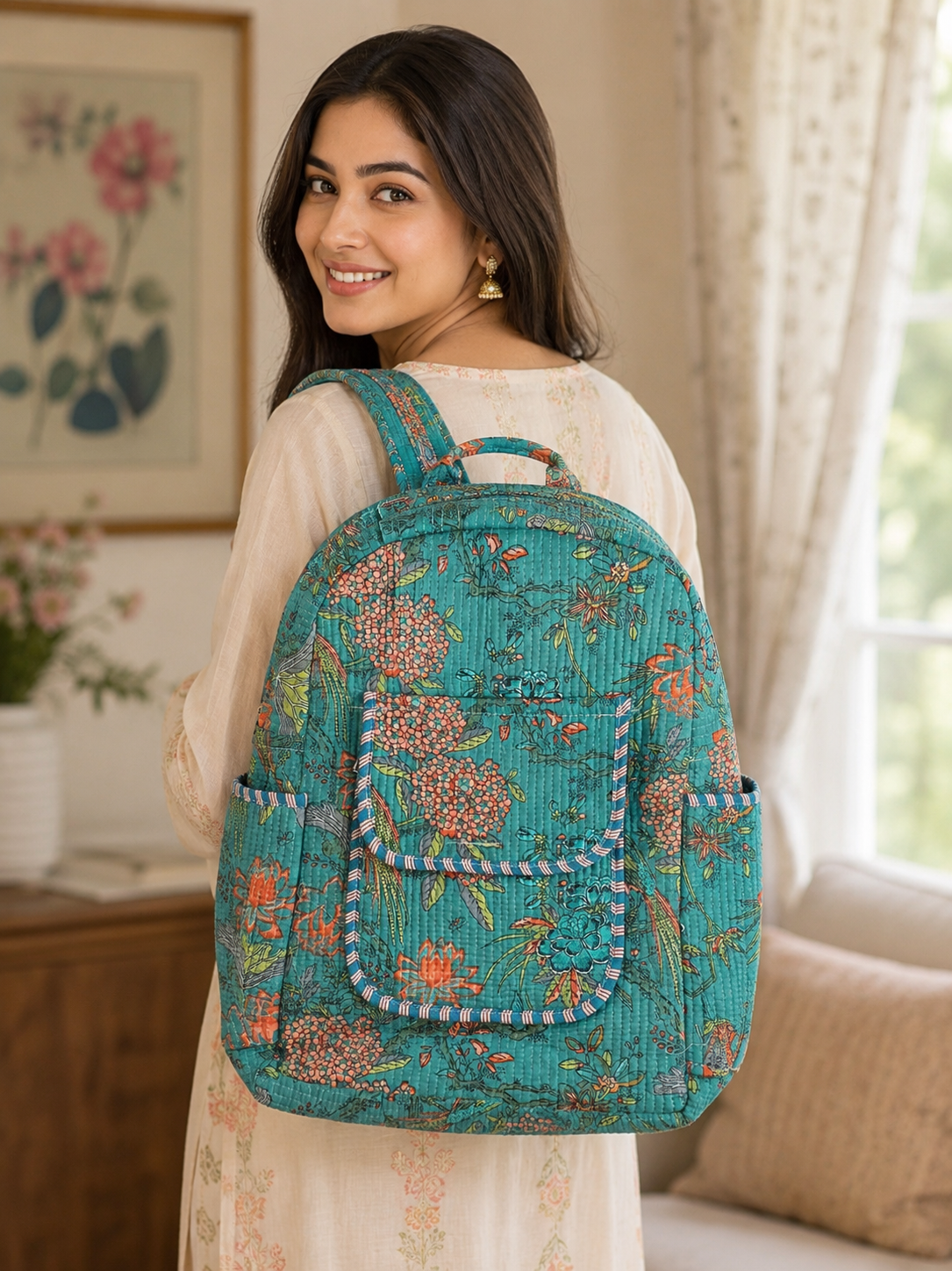 Quilted Sky Blue Flower Printed Backpack