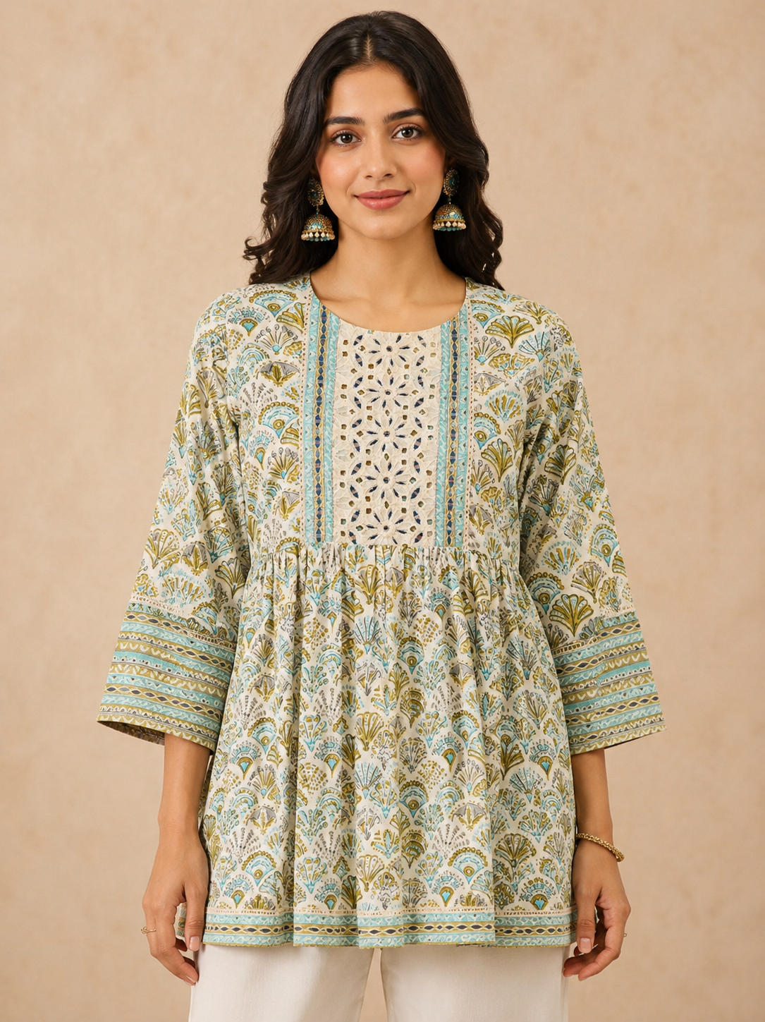 Green Colored Printed Frock Style Short Kurti