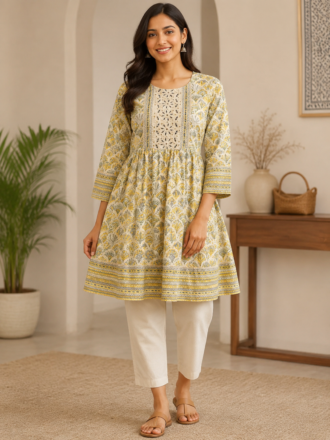 Beige Colored Printed Frock Style Short Kurti