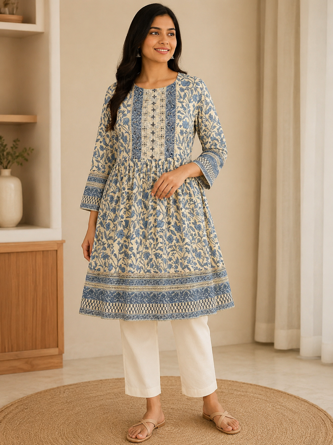Blue Colored Printed Frock Style Short Kurti