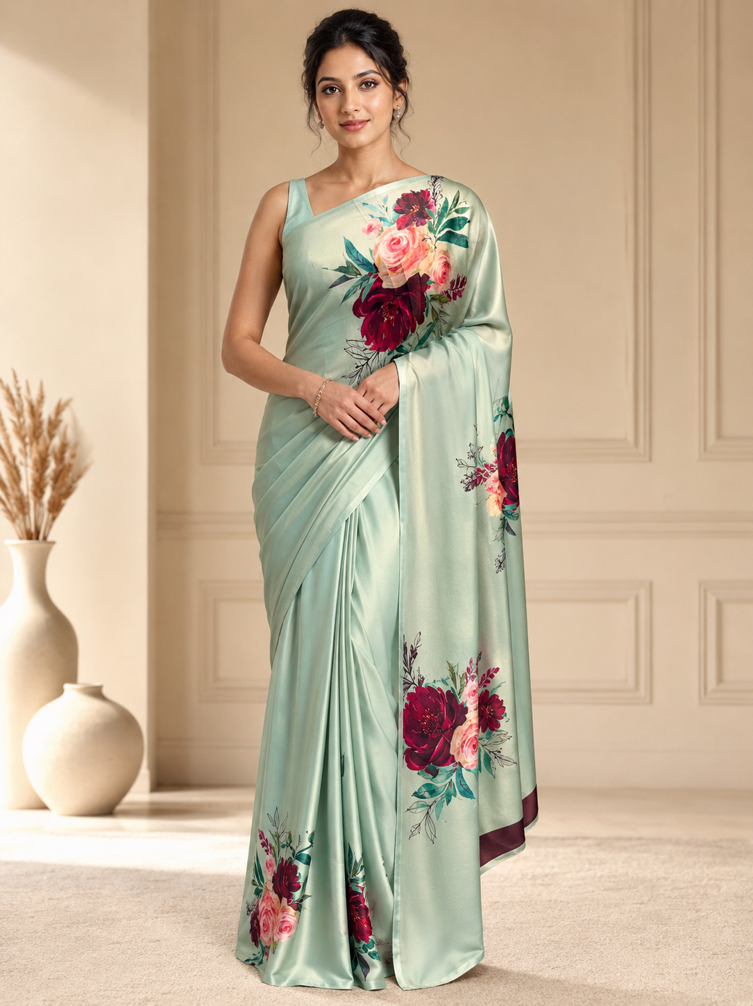 Green Red Rose Printed Bordered Crepe Saree