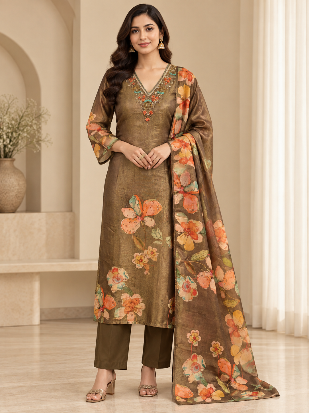 Dark Brown Organza Silk Suit