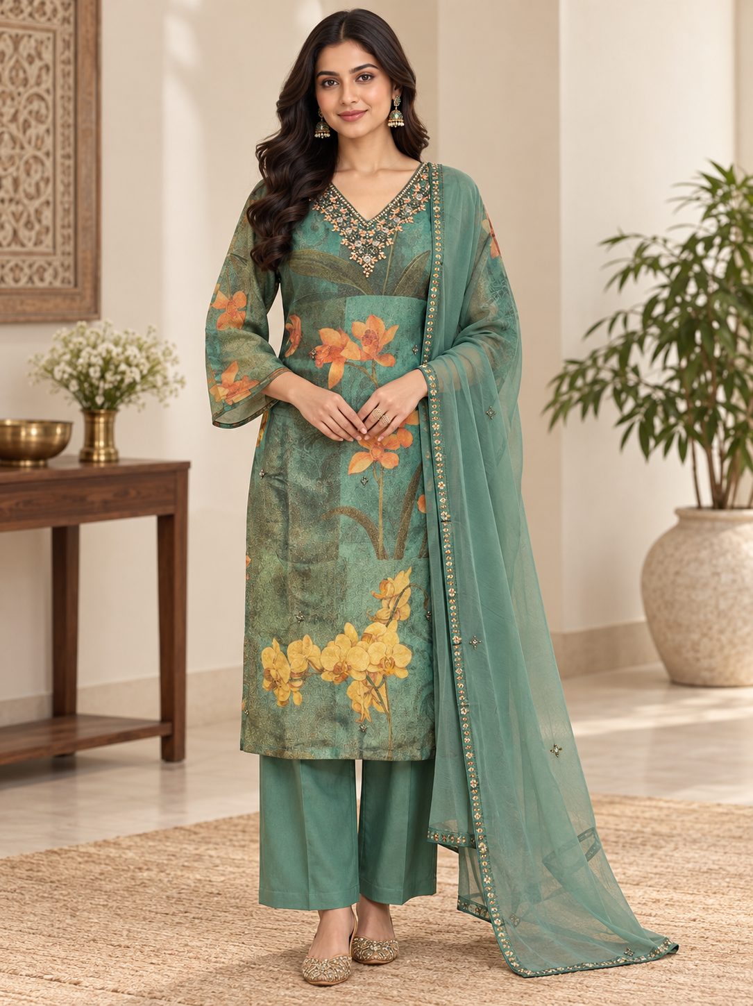 Green Organza Silk Suit