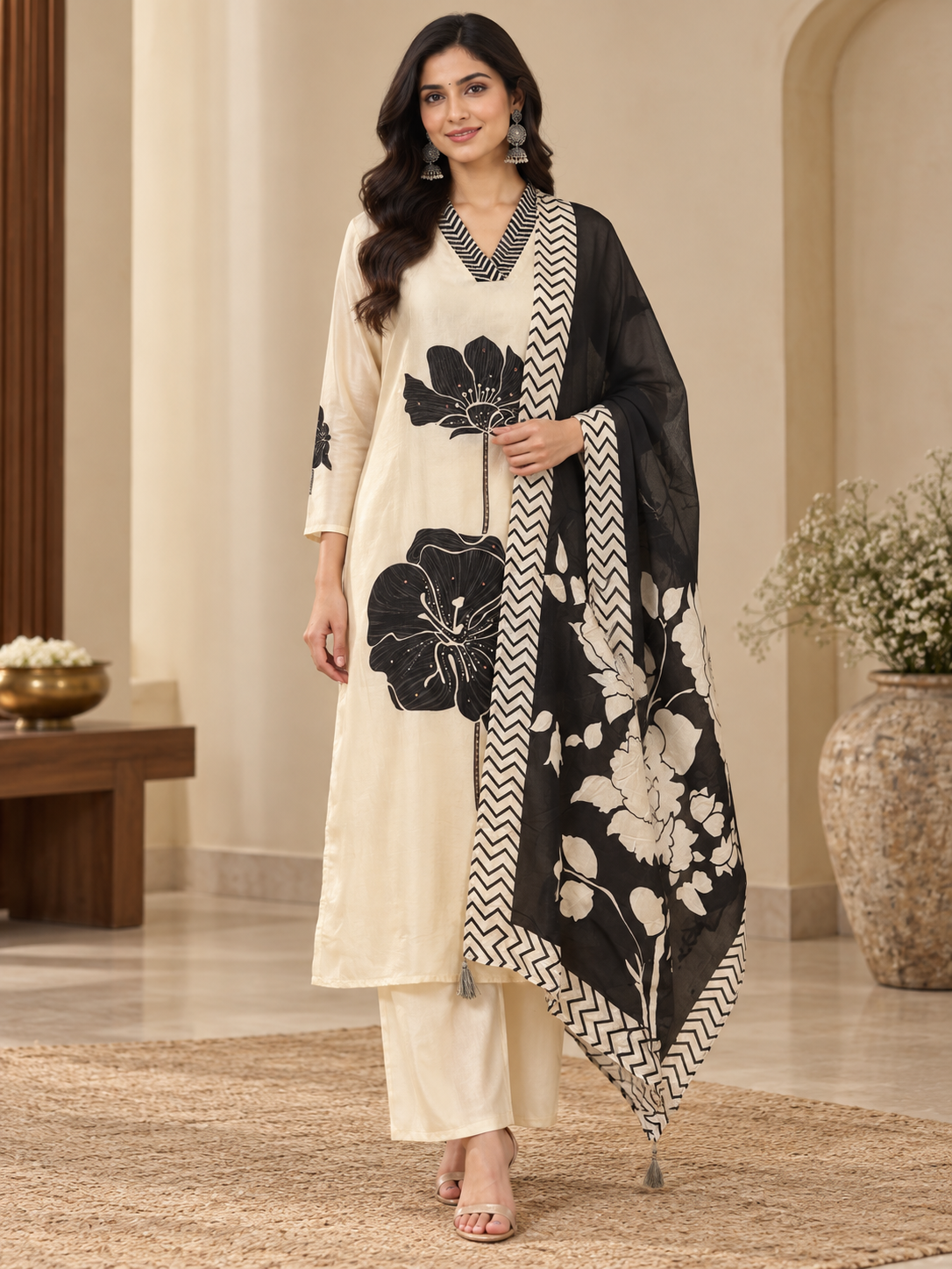White And Black Organza Silk Suit