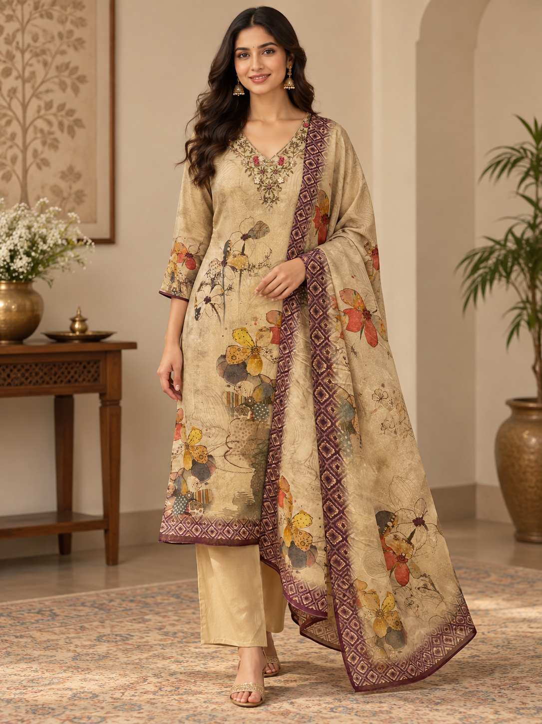 Lite Brown Organza Silk Suit