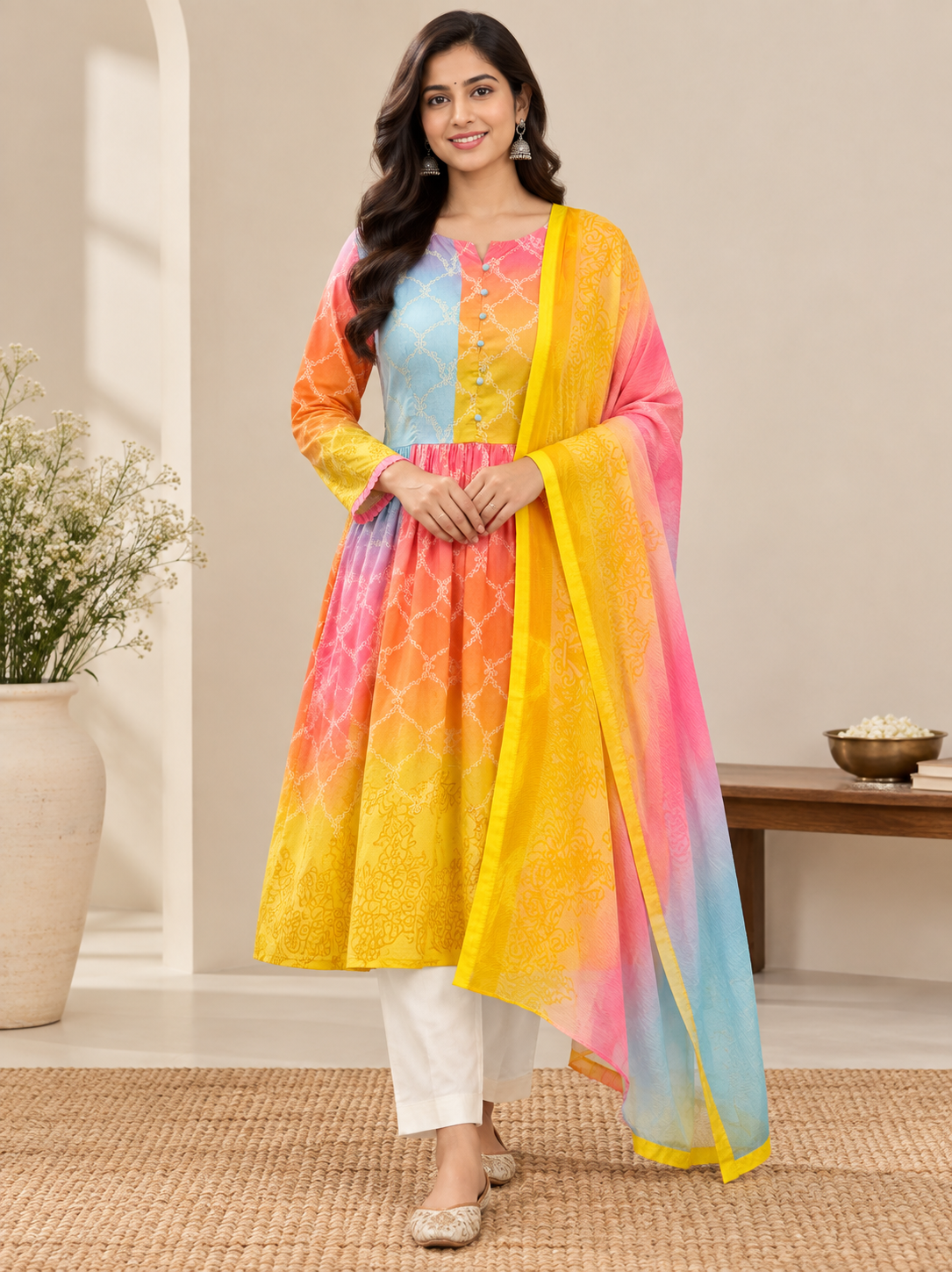 Ethnic style multicolor  abstract printed frock style 3pc suit