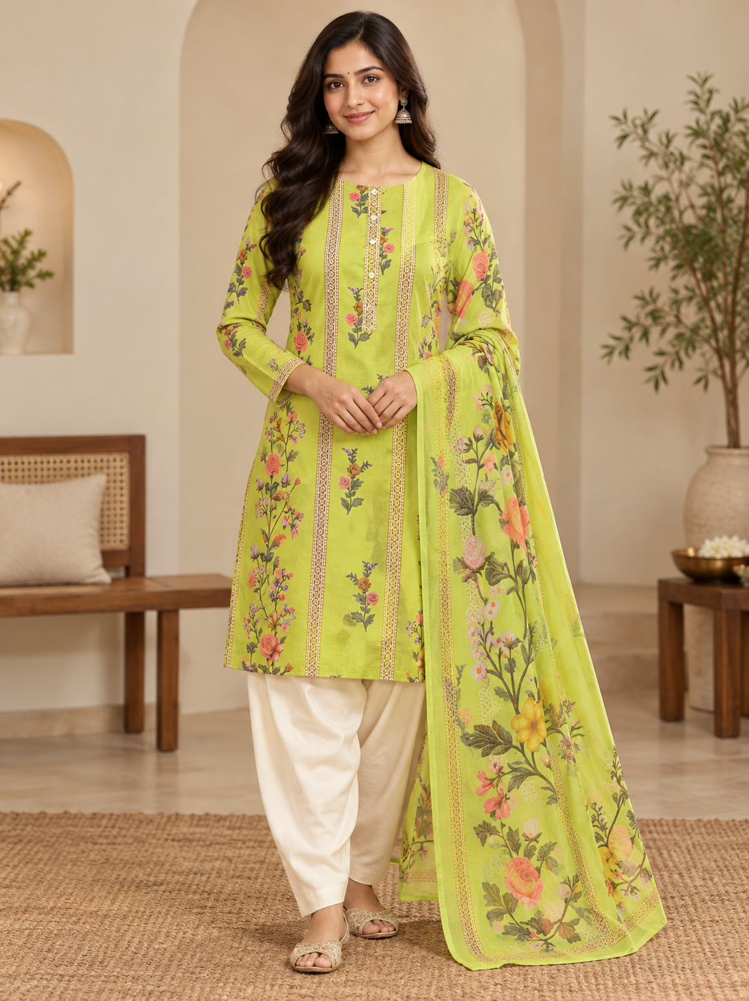 Ethnic Style Green Floral Printed Frock Style 3PC Suit