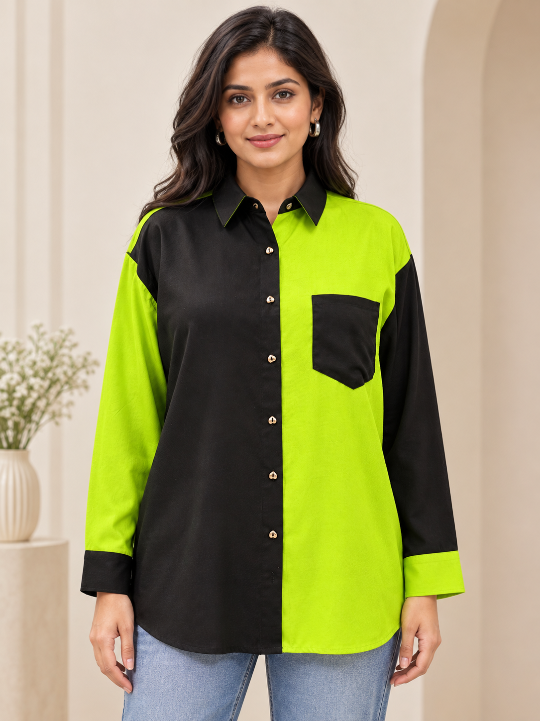 Modern Dual Colored Neon Black Women Shirt