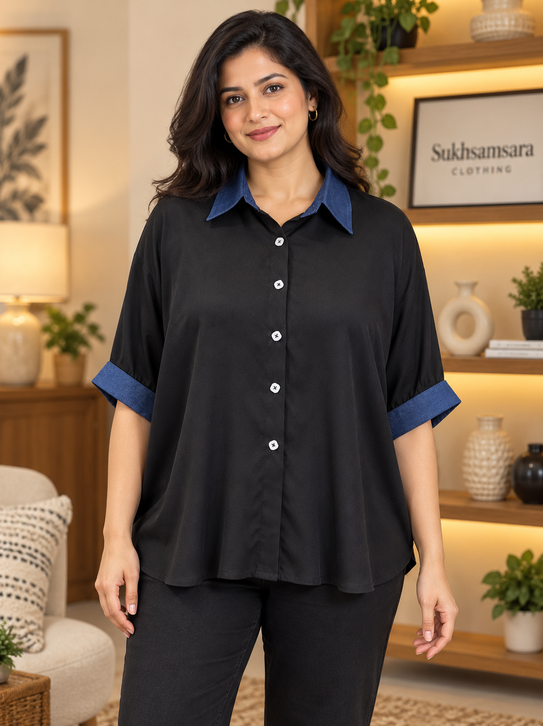 linen fabric with denim collar shirt colour  black