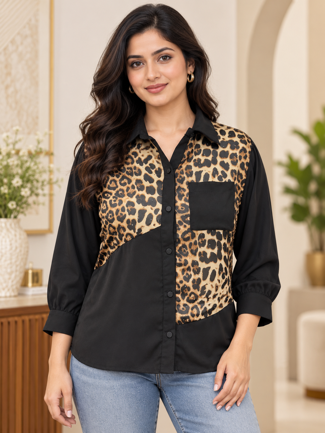 georgette  fabric  shirt black animal print