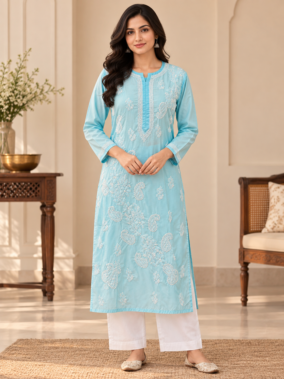 cotton long kurti chikankari  work in Sky Blue