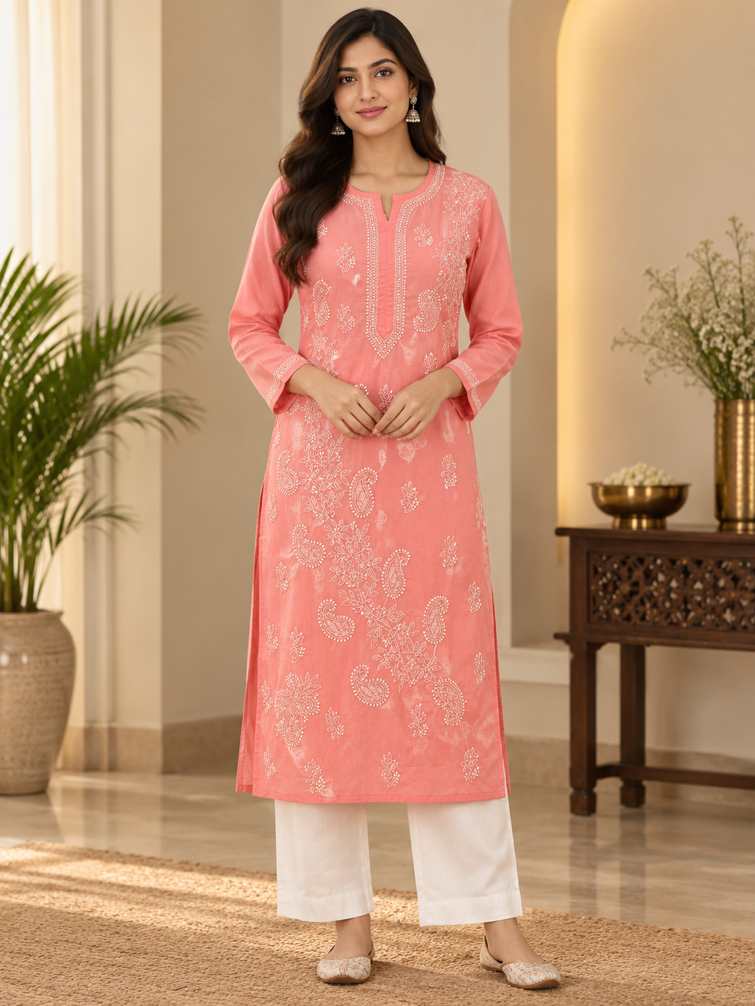 cotton long  kurti chikankari work Pink Kurti