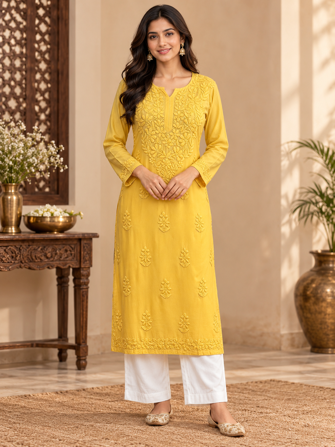 Mustard Yellow Floral Chikankari Yellow Kurti