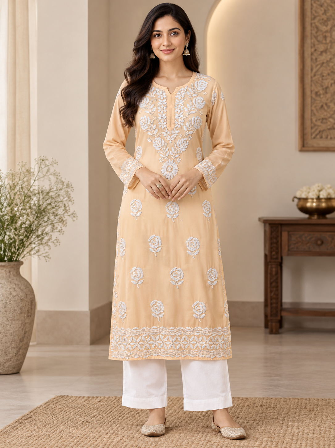 Beige Floral Chikankari Beige Rose Kurti