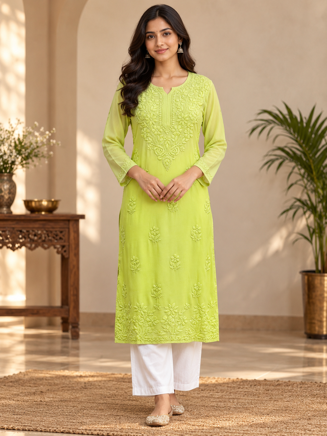 Lime Green Floral Chikankari Lime Green Kurti