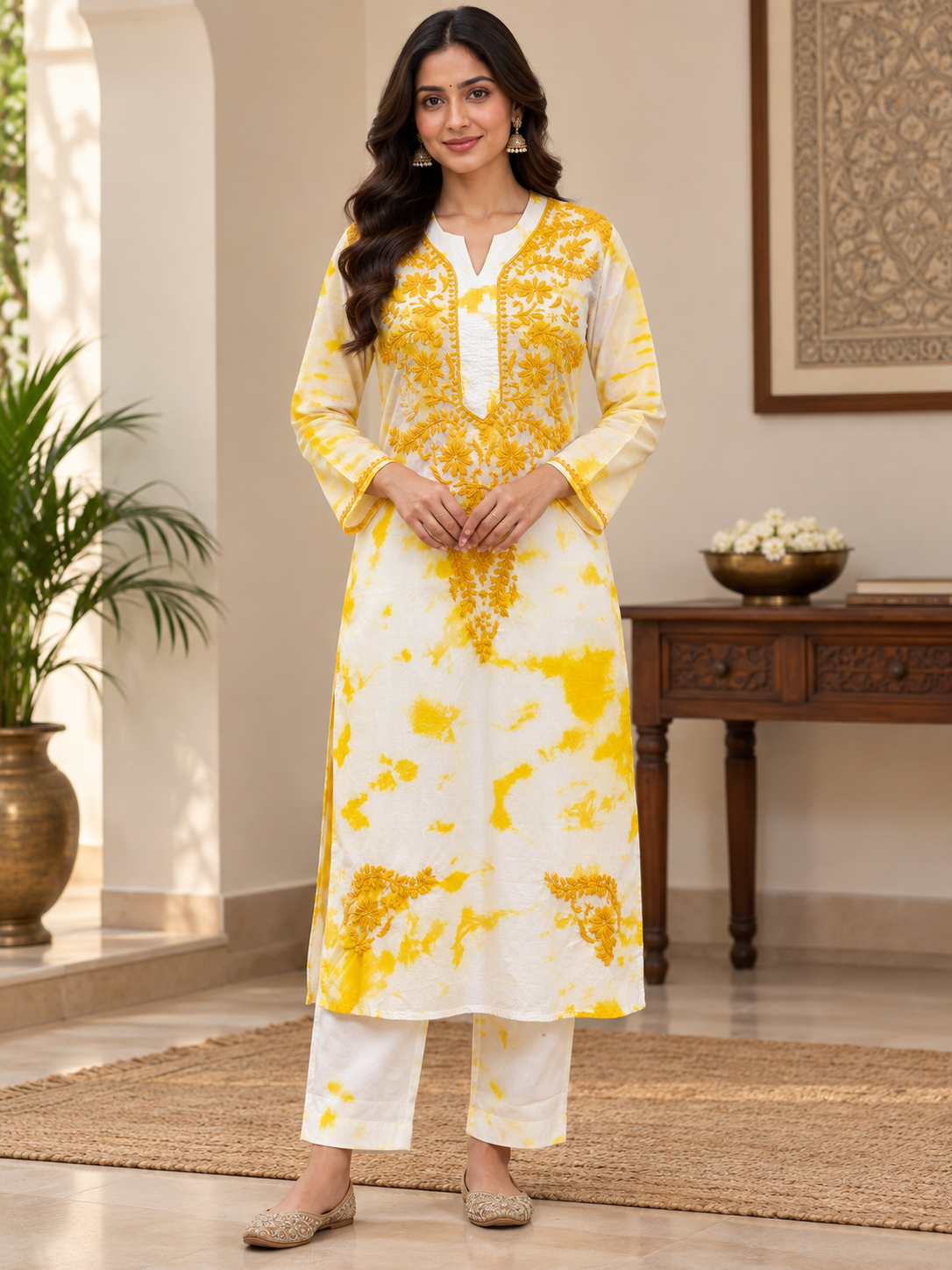 cotton Yellow long kurti chikankari work tie & dye