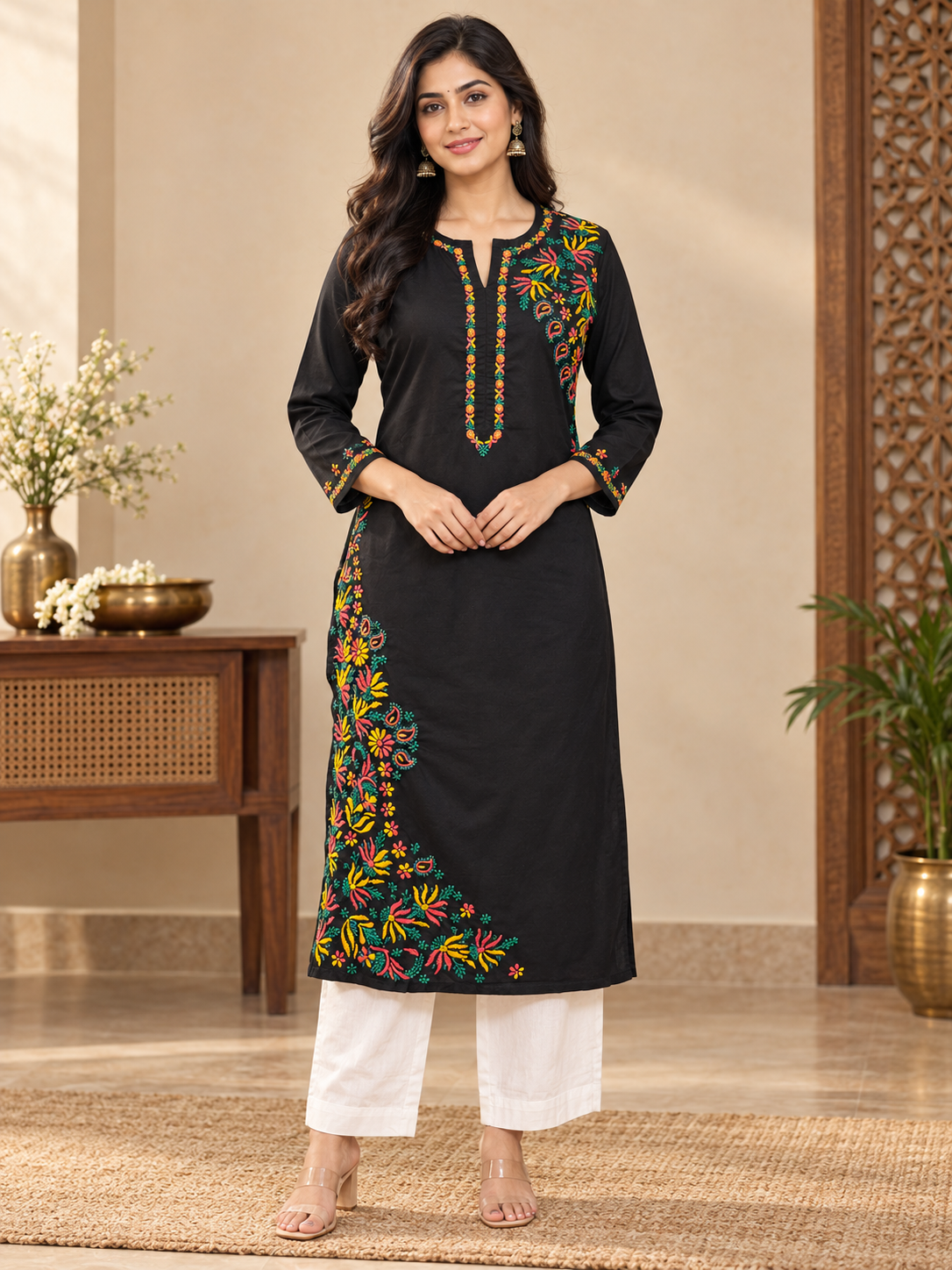 catton long kurti chikankari work