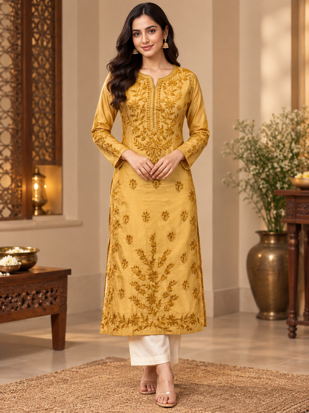 Brown cotton kurti long chikankari  work