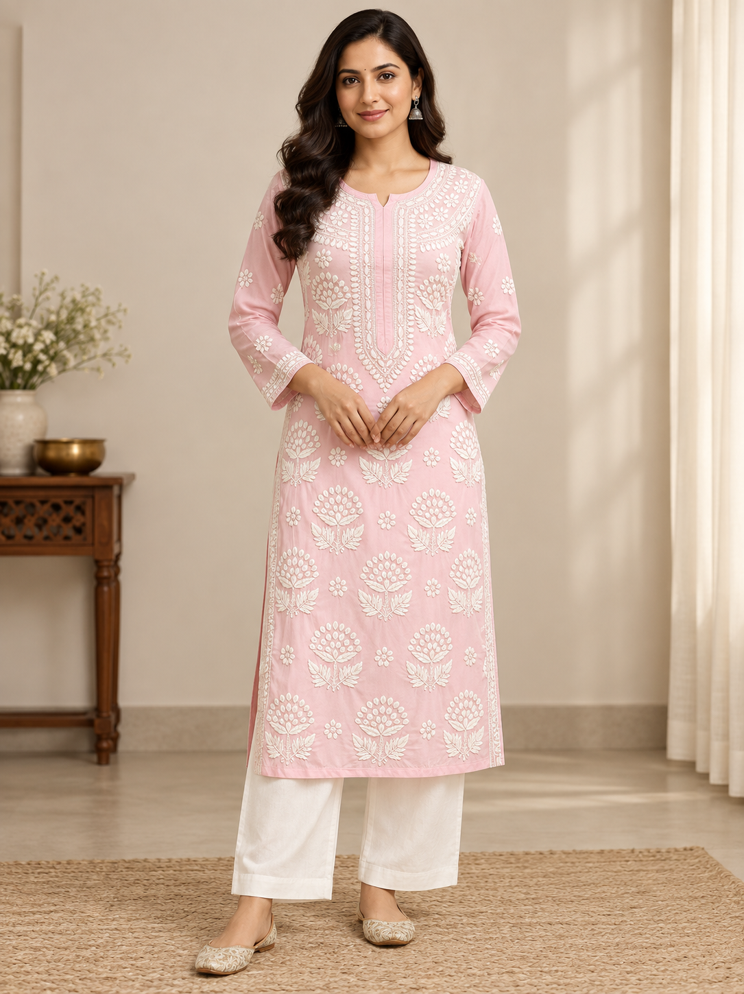 Blush Pink Full Sleeve Chikankari Kurti