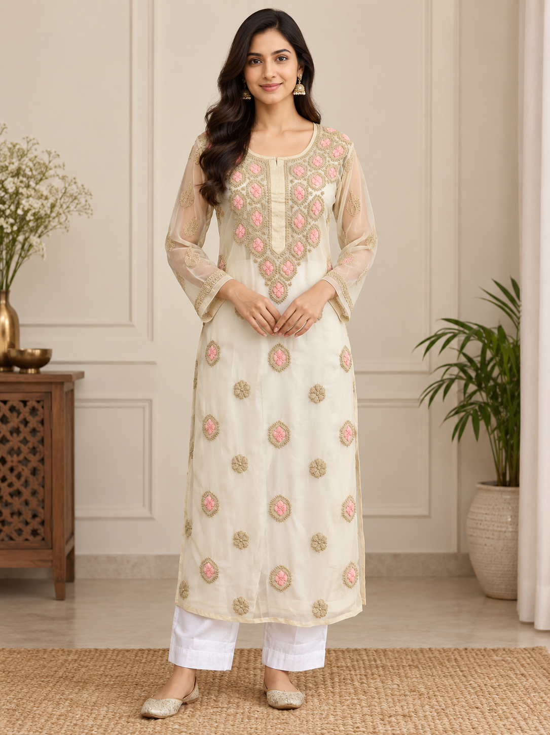 Cream georgette fabric  chikankari full sleeve long  kurti