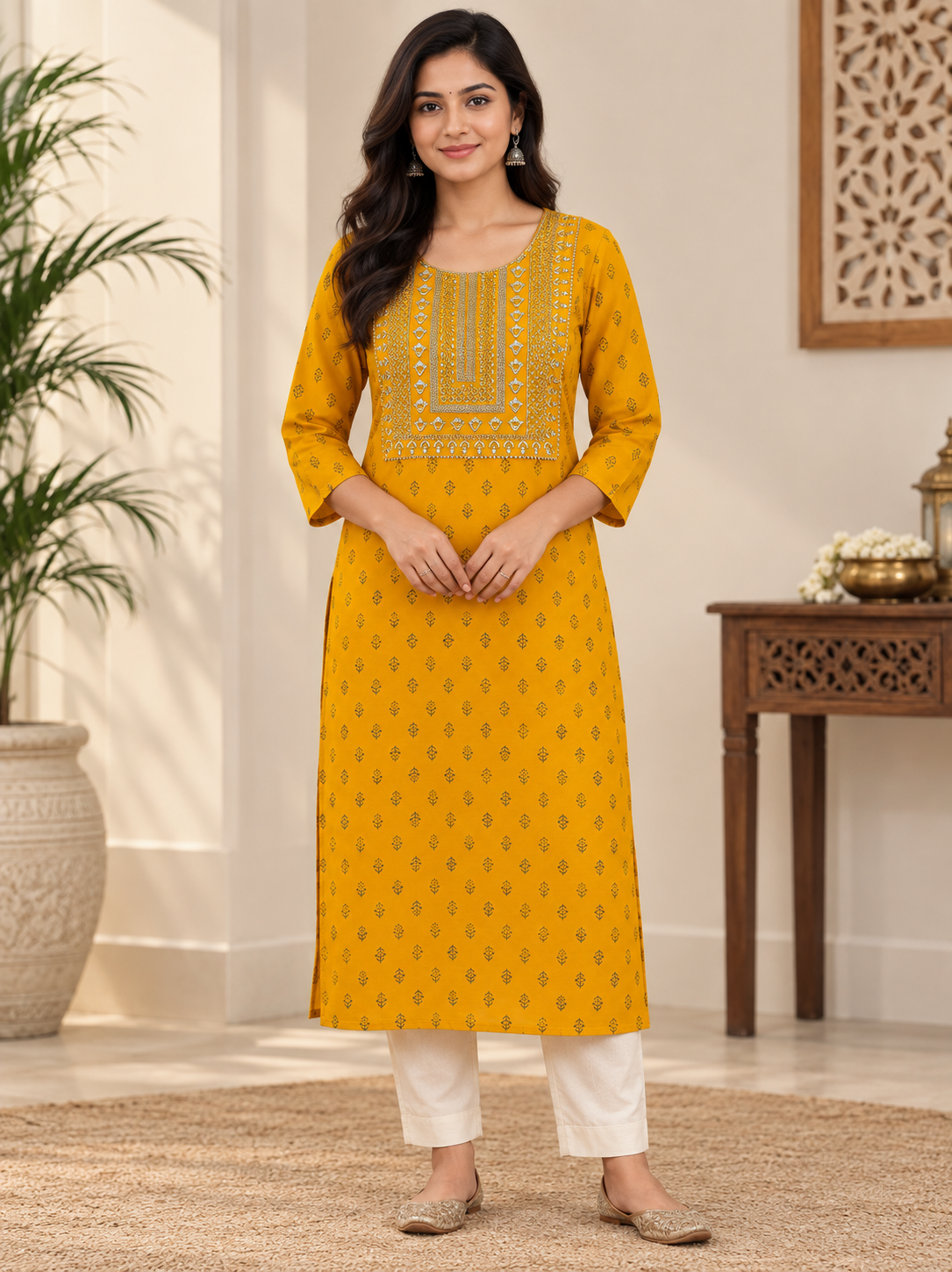 straight kurti fabric cotton yellow 01