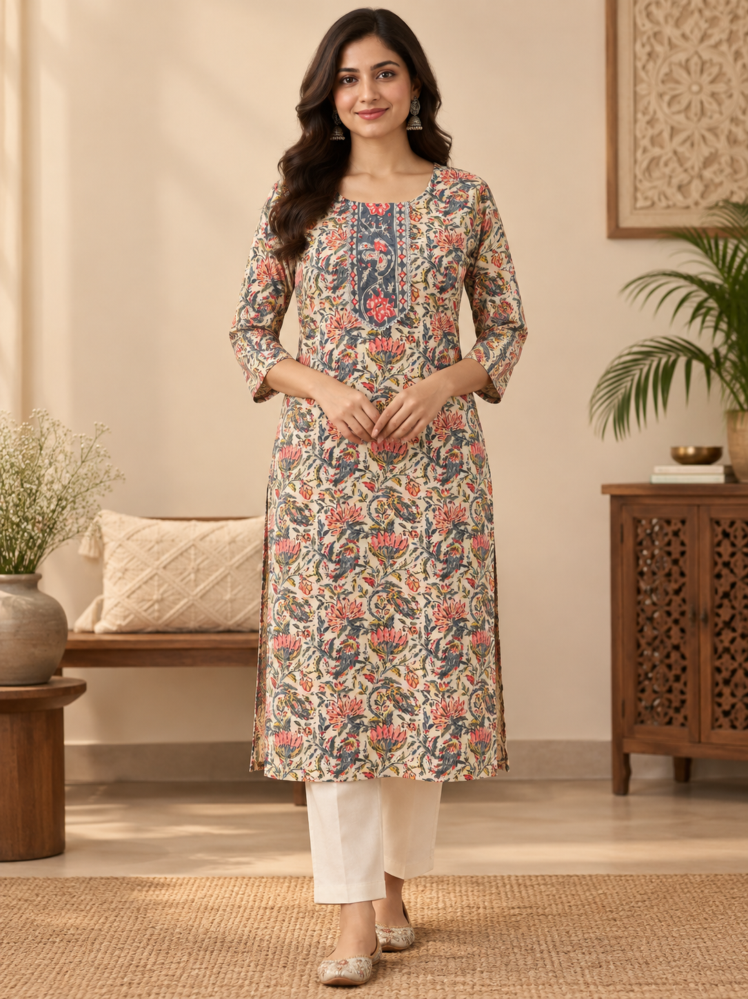 straight kurti   fabric cotton Beige