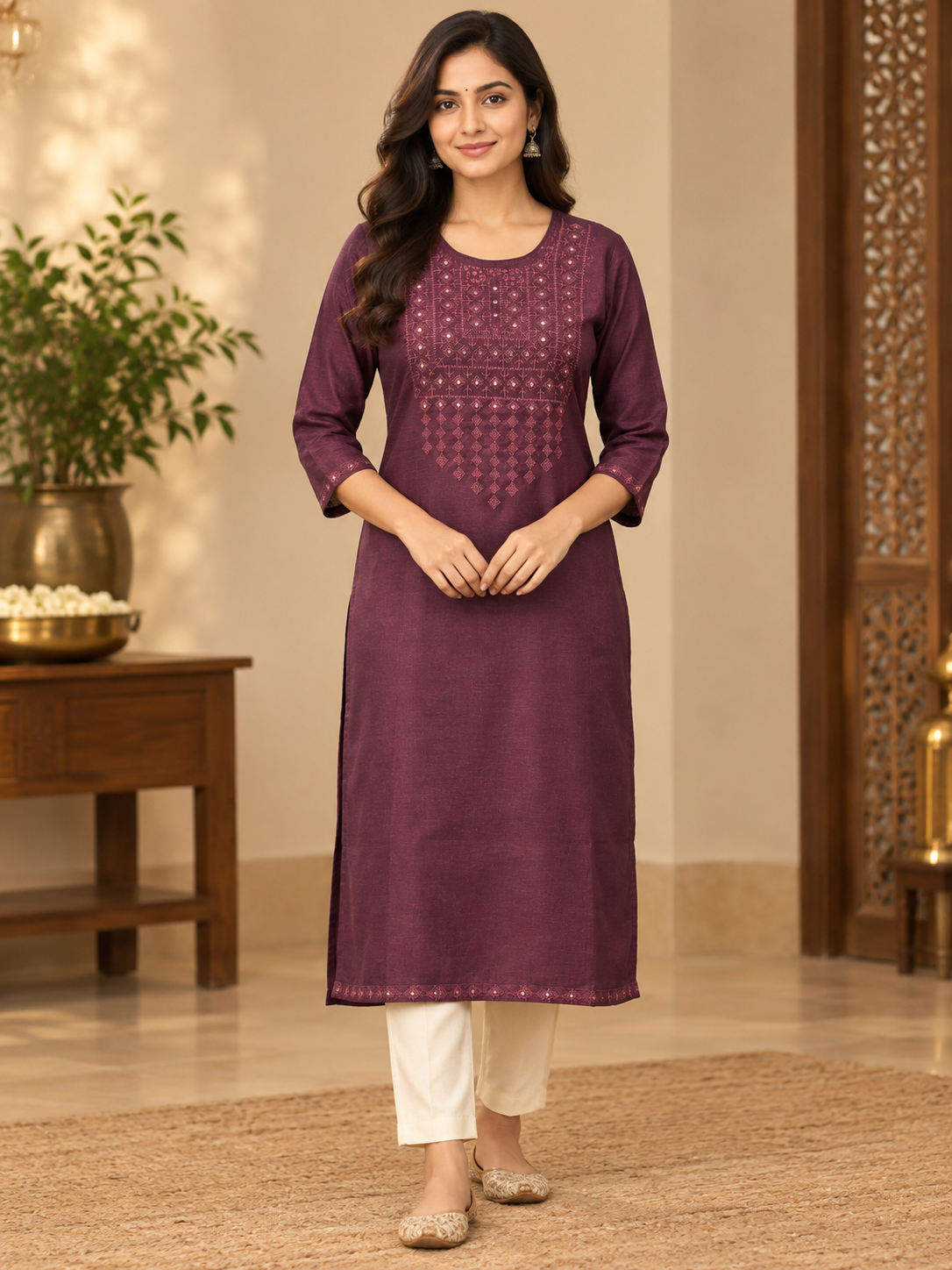 straight kurti  fabric cotton  purple