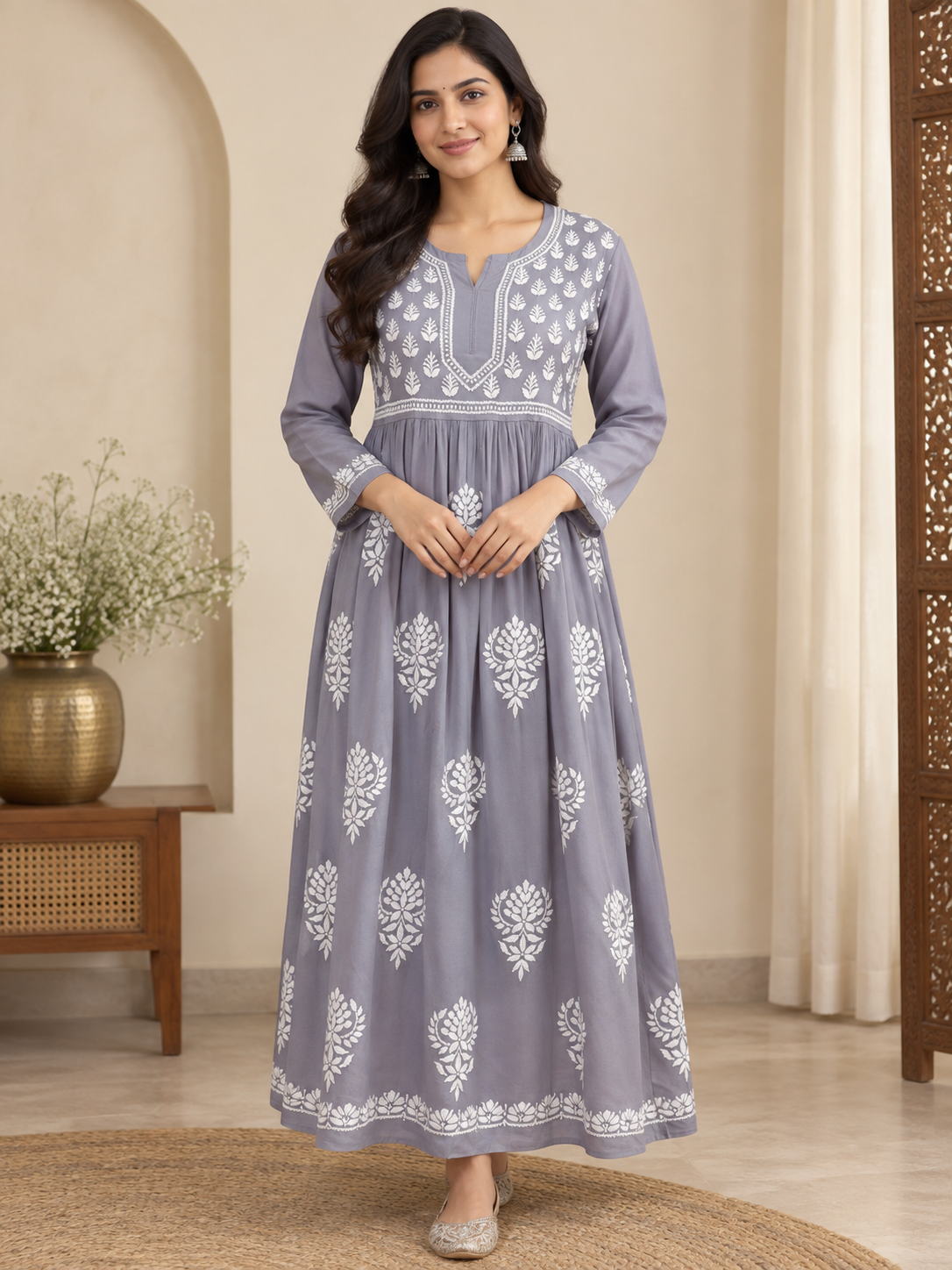cotton mudal work long kurti  colour gray