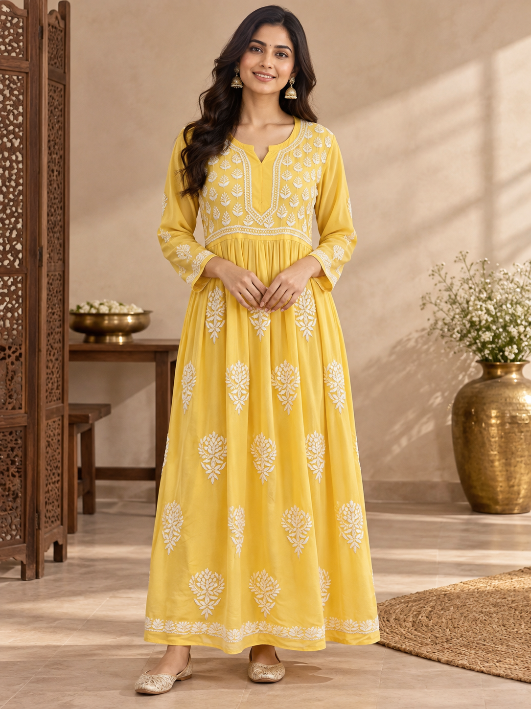 cotton mudal work long kurti colour yellow